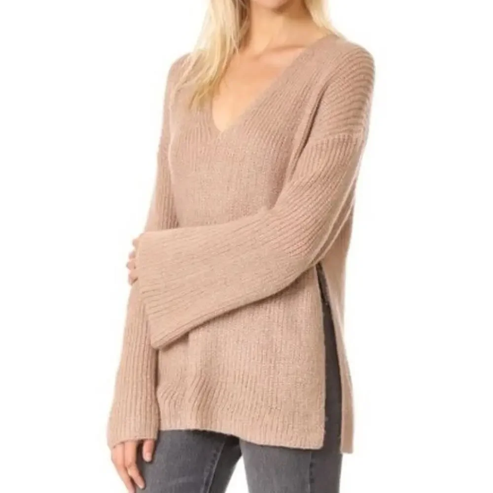 Rebecca Minkoff Remi Tan V-Neck Wool Mohair Knit Sweater Size Small Ribbed - Picture 1 of 10